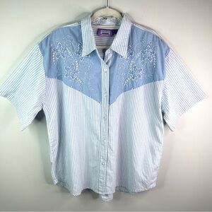 Preview Women's Blue Embroidered Beaded Button-Down Shirt With Stripes Size 2X